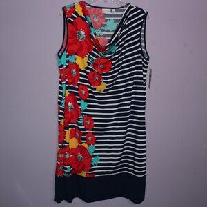 Kim Rogers Curvy Floral Striped Sleeveless Dress Plus Size 1X Pink,Green,Yellow